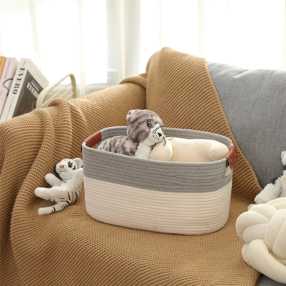 AB-028 Home Decoration Books Storage Bin Storage Box Woven Cotton Rope Basket Organizer for Toys, Magazines - White+Grey - 5