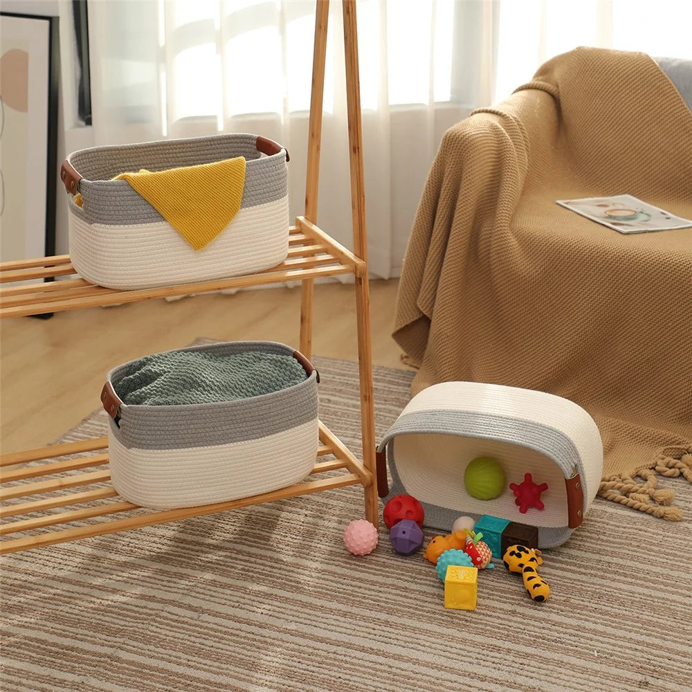 AB-028 Home Decoration Books Storage Bin Storage Box Woven Cotton Rope Basket Organizer for Toys, Magazines - White+Grey - 6