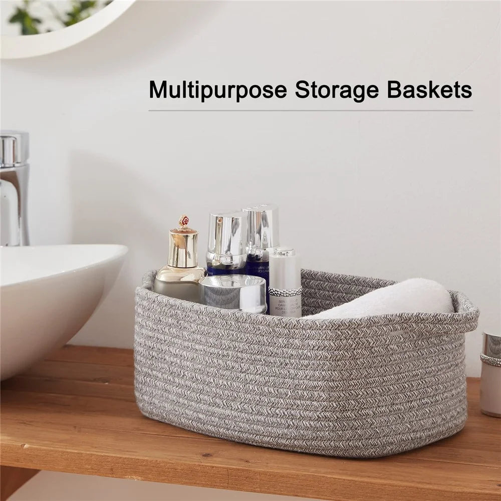 AB-096 Decorative Storage Box Woven Cotton Rope Basket for Toy, Makeup, Shampoo, Lotion, Book - Grey - 2