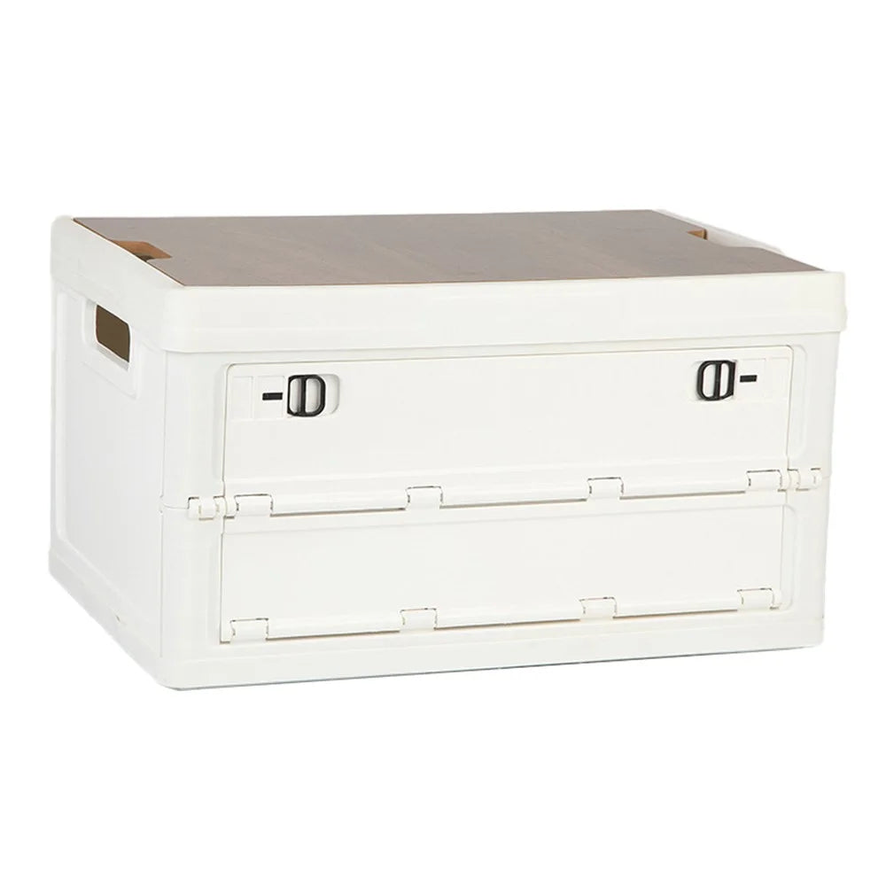 55L Storage Box Wood+PP Outdoor Foldable Storage Organizer with Lid, 525x360x295mm - White - 1