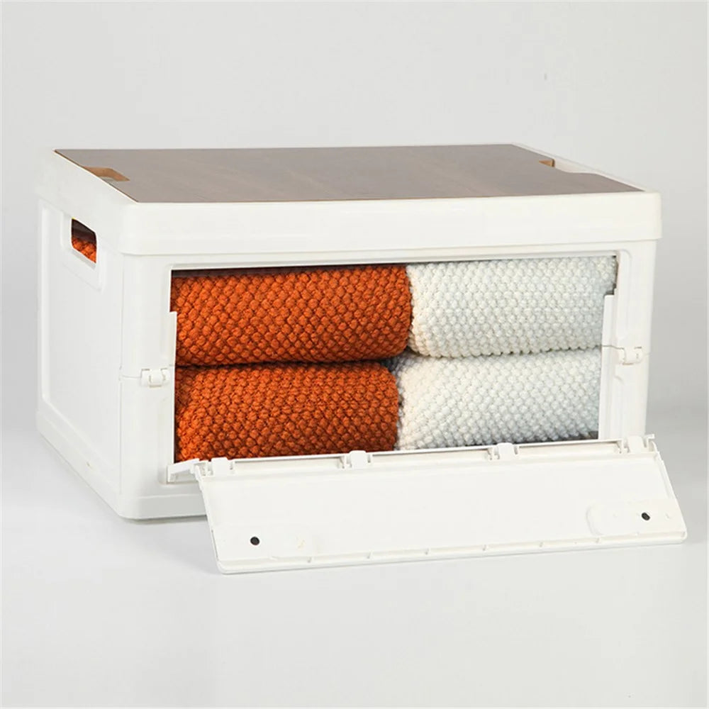 55L Storage Box Wood+PP Outdoor Foldable Storage Organizer with Lid, 525x360x295mm - White - 4