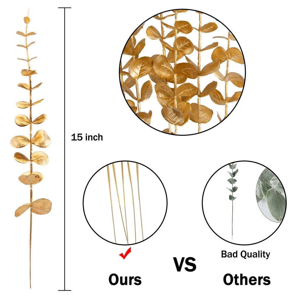 10Pcs Artificial Eucalyptus Stems Plastic Faux Plant Home Office Wedding Party Decor - Gold - 7
