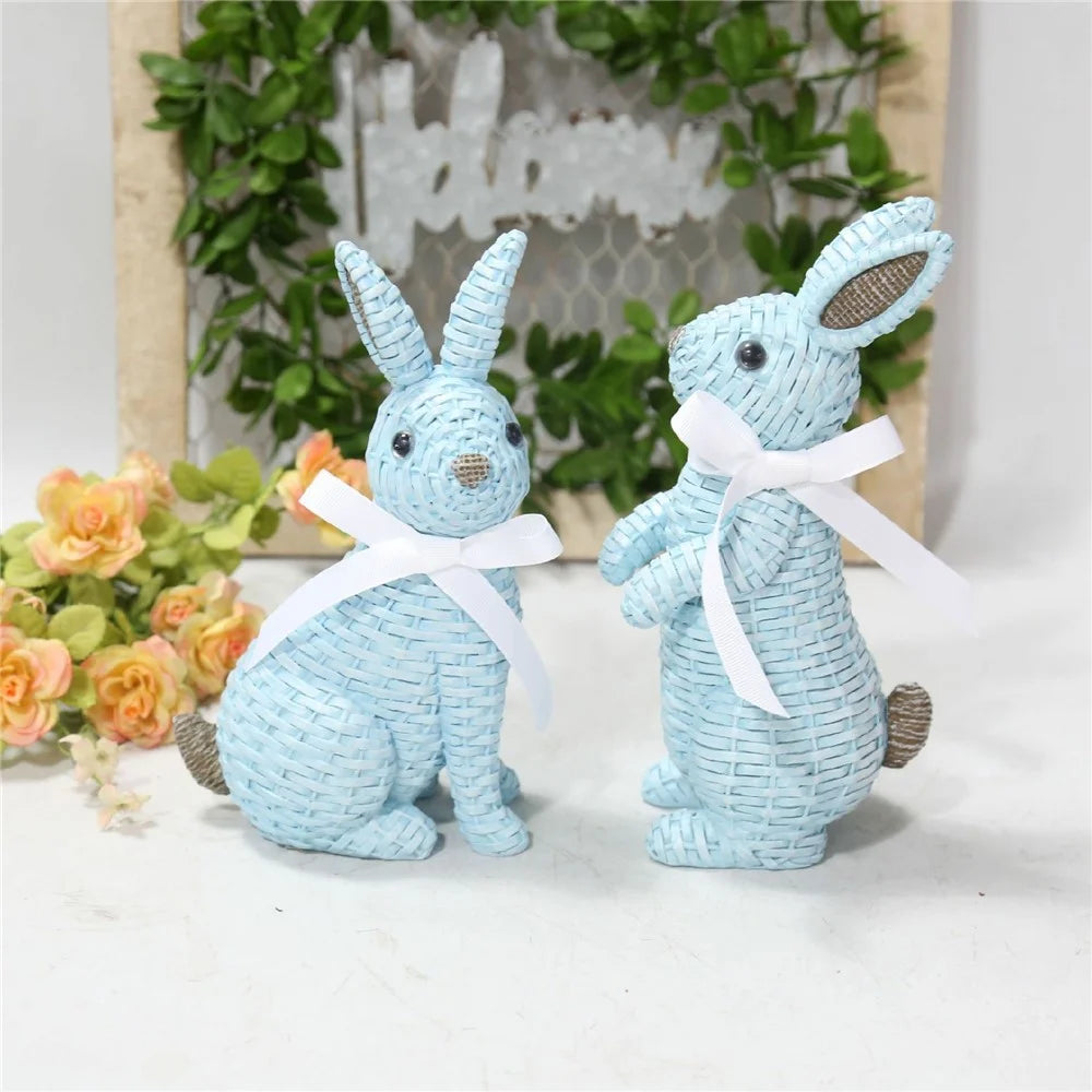 Rattan Effect Resin Rabbit with Bowknot Home Garden Children Room Ornament - Blue Sitting Position - 4