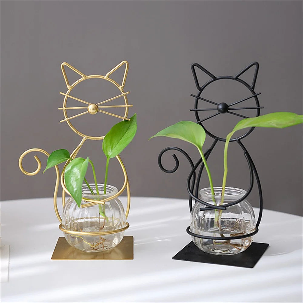 Standing Cat-Shaped Iron Plant Holder Hydroponic Flower Vase Creative Ornament for Home Decor - Black - 2