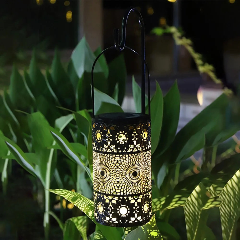Solar Powered 3-Tier Hollow Out Projection Light Iron Art Decorative Hanging Lantern for Garden Patio - 7