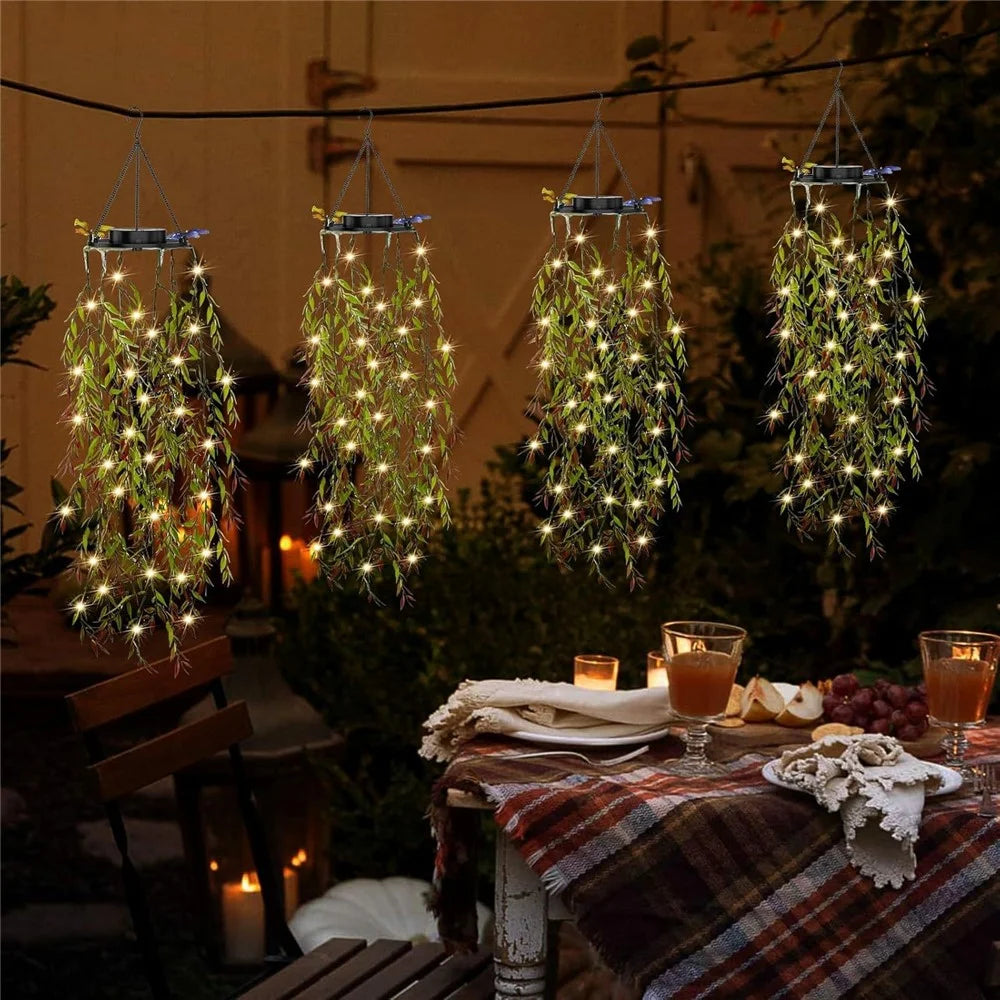 2Pcs Willow Leaves LED String Lights Outdoor Solar Hanging Artificial Plants Waterproof Fake Foliage Decor - 6