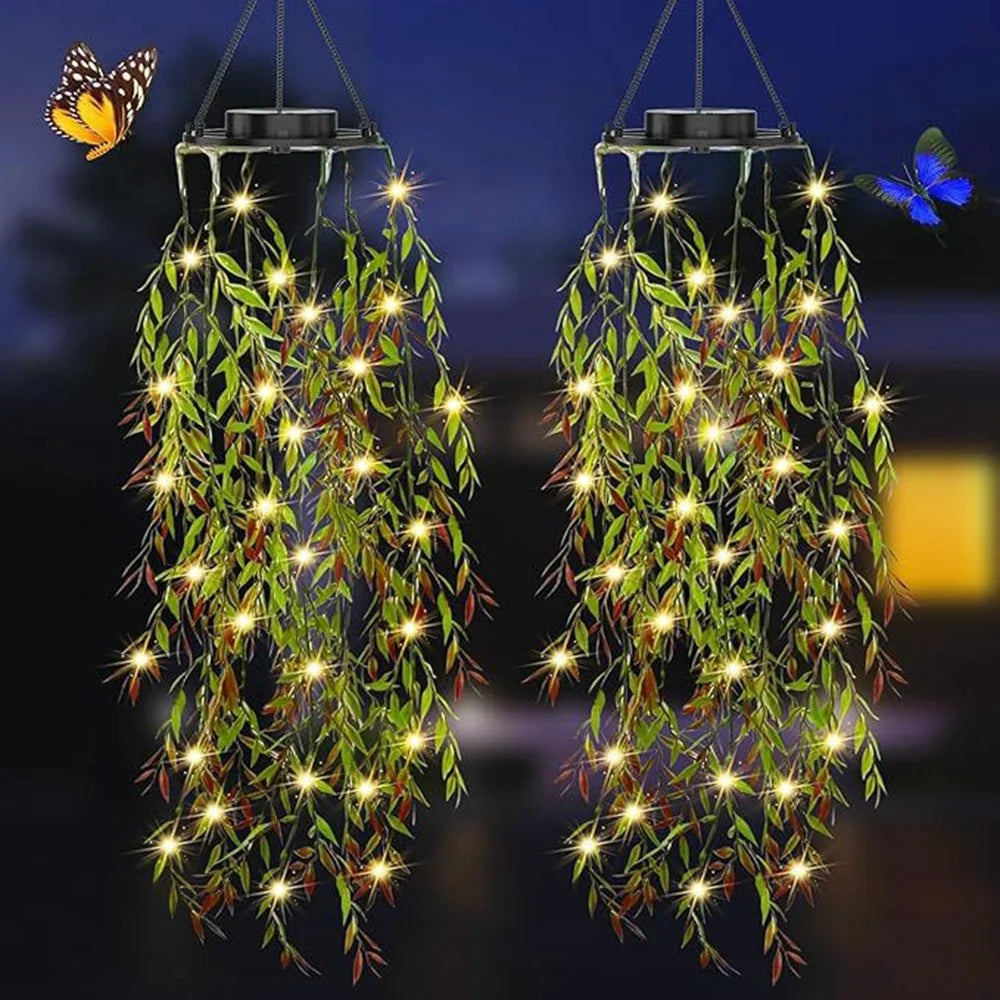 2Pcs Willow Leaves LED String Lights Outdoor Solar Hanging Artificial Plants Waterproof Fake Foliage Decor - 7