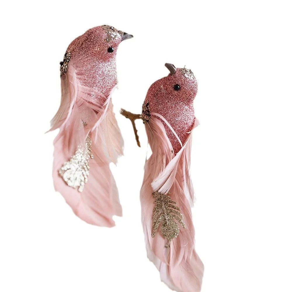 1 Pair Glitter Feathered Bird Ornaments Realistic Foam Bird Christmas Tree Decorations Holiday Decor - Pink - 2