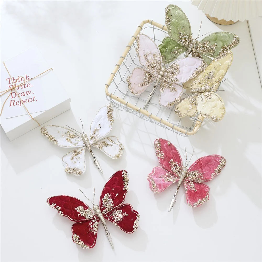 Christmas Velvet Butterfly Clip Ornament for Christmas Tree Wreath Gift Packaging - Red - 3