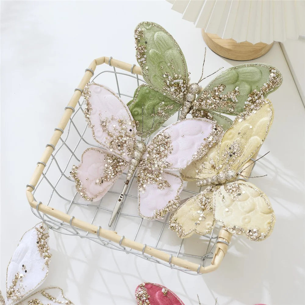 Christmas Velvet Butterfly Clip Ornament for Christmas Tree Wreath Gift Packaging - Red - 4