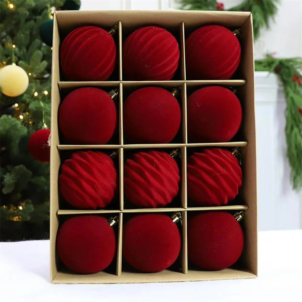 12Pcs Set 6cm Christmas Ball Ornaments Velvet Xmas Tree Decorations Plush Balls - Red - 2