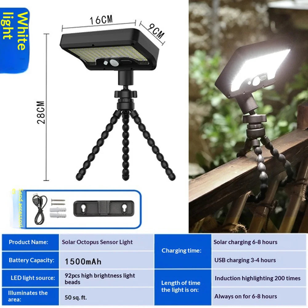 Waterproof 92-LED Solar Garden Light Outdoor Motion Sensor Path Wall Light with Flexible Octopus Mount - White Light/Black - 7