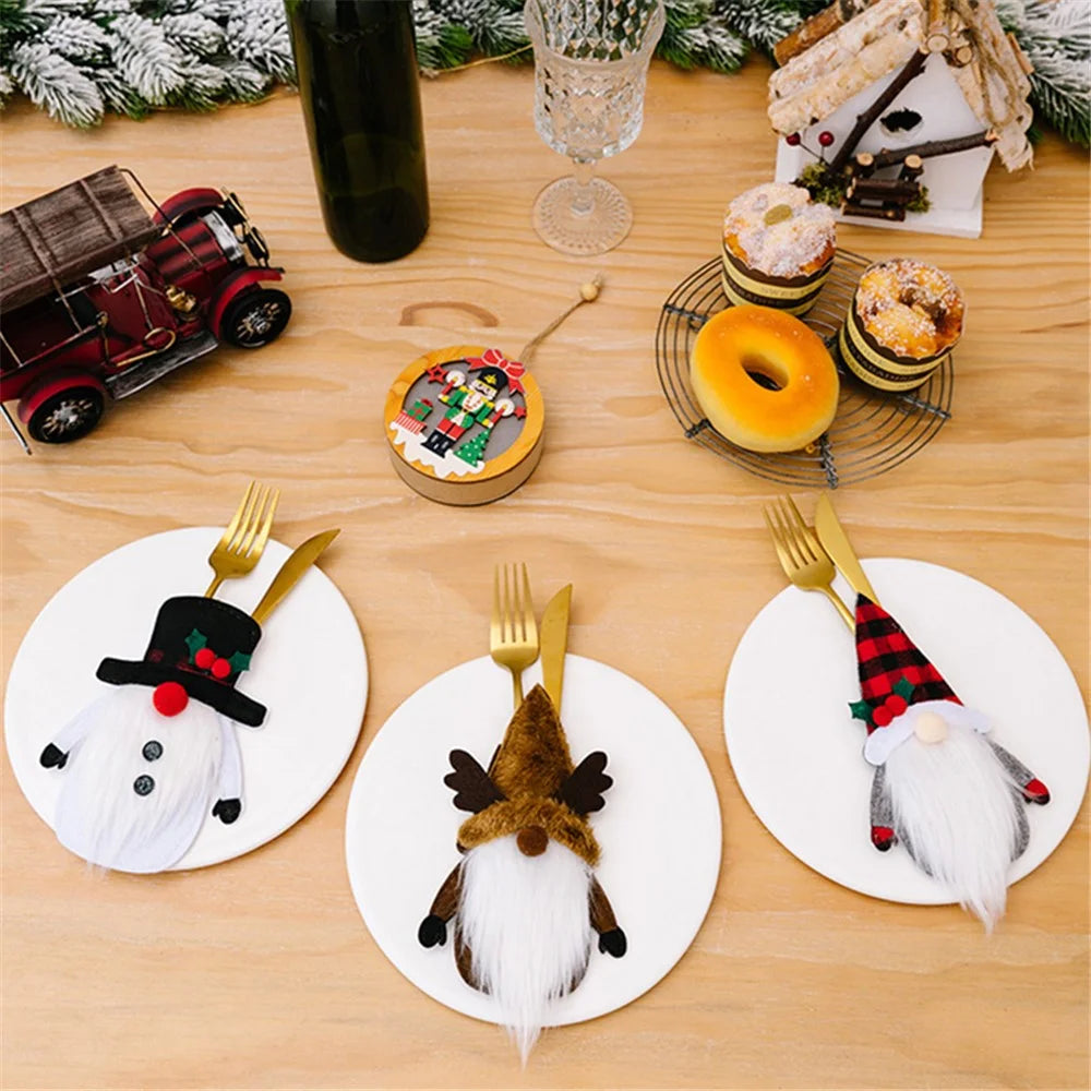 Christmas Gnome Fork Knife Cover Cutlery Cloth Pouch Dining Table Decoration Gift - Elk - 7
