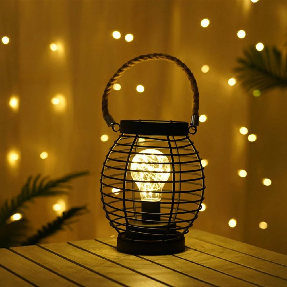 Retro Hollow Out Iron Art Round Handheld Lantern Portable LED Copper Wire Bulb Table Lamp - 4