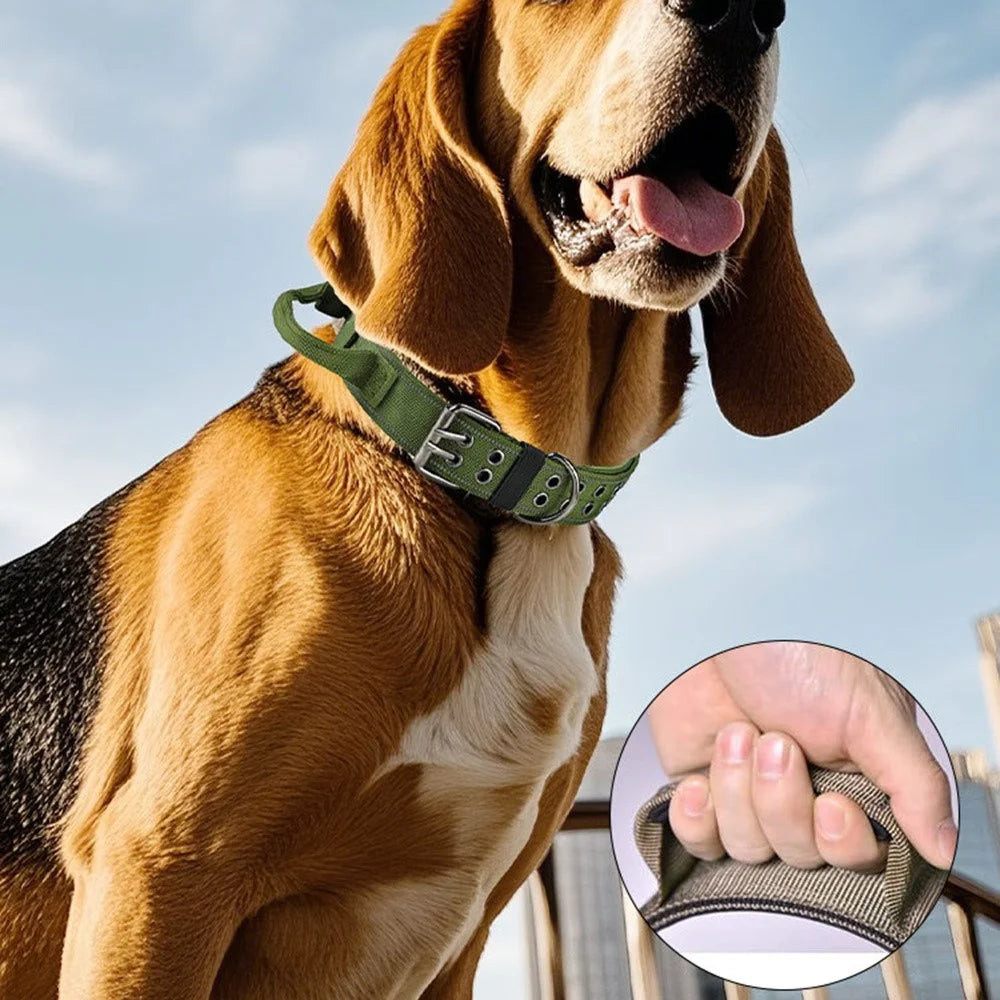 Size M Tactical Reflective Dog Collar Nylon Adjustable Outdoor Walking Training Collar Gift with Grip Handle - Army Green - 3