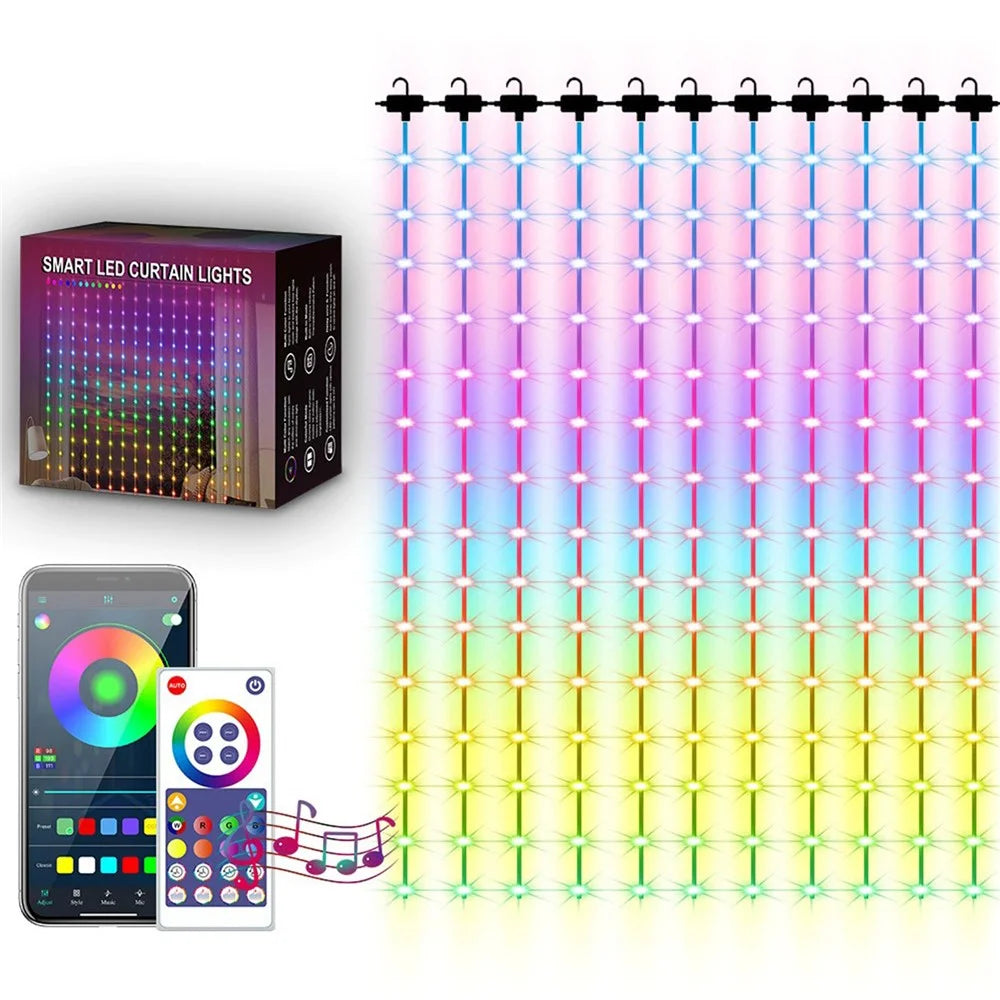 LPX043 3M x 2M 15 Strips LED Curtain String Lights 300 LEDs Smart Bluetooth-Compatible RGB Window Lights / App Control - 1