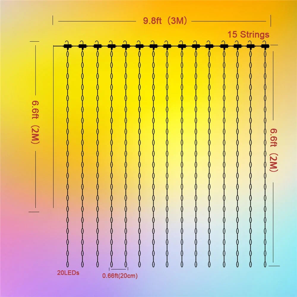 LPX043 3M x 2M 15 Strips LED Curtain String Lights 300 LEDs Smart Bluetooth-Compatible RGB Window Lights / App Control - 6