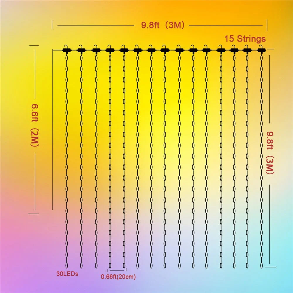 LED Curtain String Lights 3m x 3m 15 Strings 450 LEDs RGBIC Multi-Color Adjustable WiFi BLE App Control - 6