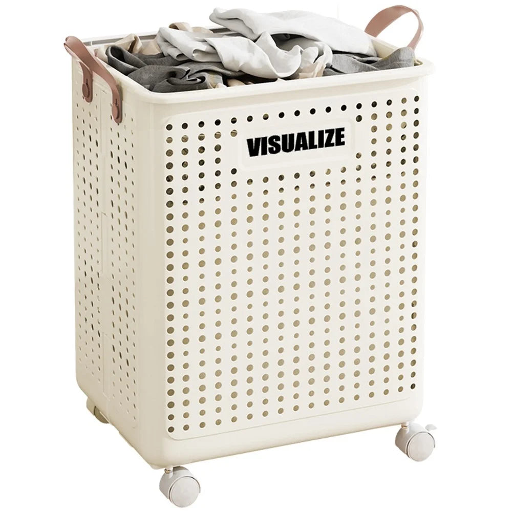 VISUALIZE Hollow Design Foldable Laundry Basket Dirty Clothes Storage Cart with Handles and Wheels, Size M - Cream White - 1