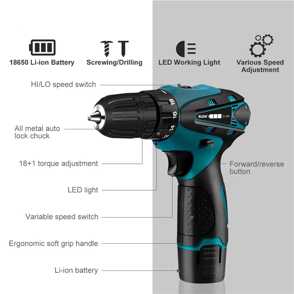 HILDA Cordless Electric Drill Screwdriver Rechargeable 12V Mini Drill Electric Screwdriver Tool with Plastic Box, EU Plug - 3