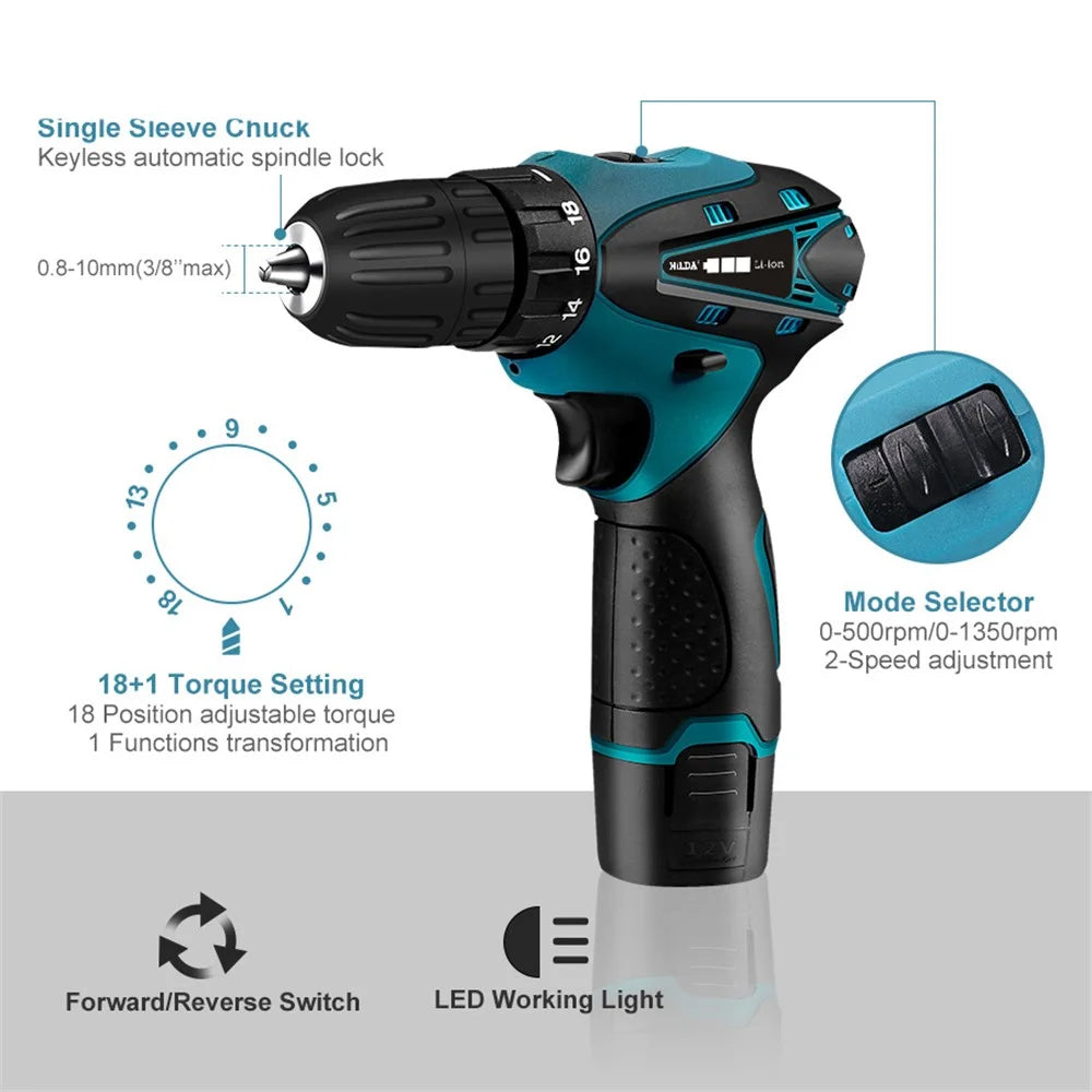 HILDA Cordless Electric Drill Screwdriver Rechargeable 12V Mini Drill Electric Screwdriver Tool, EU Plug - Blue - 3