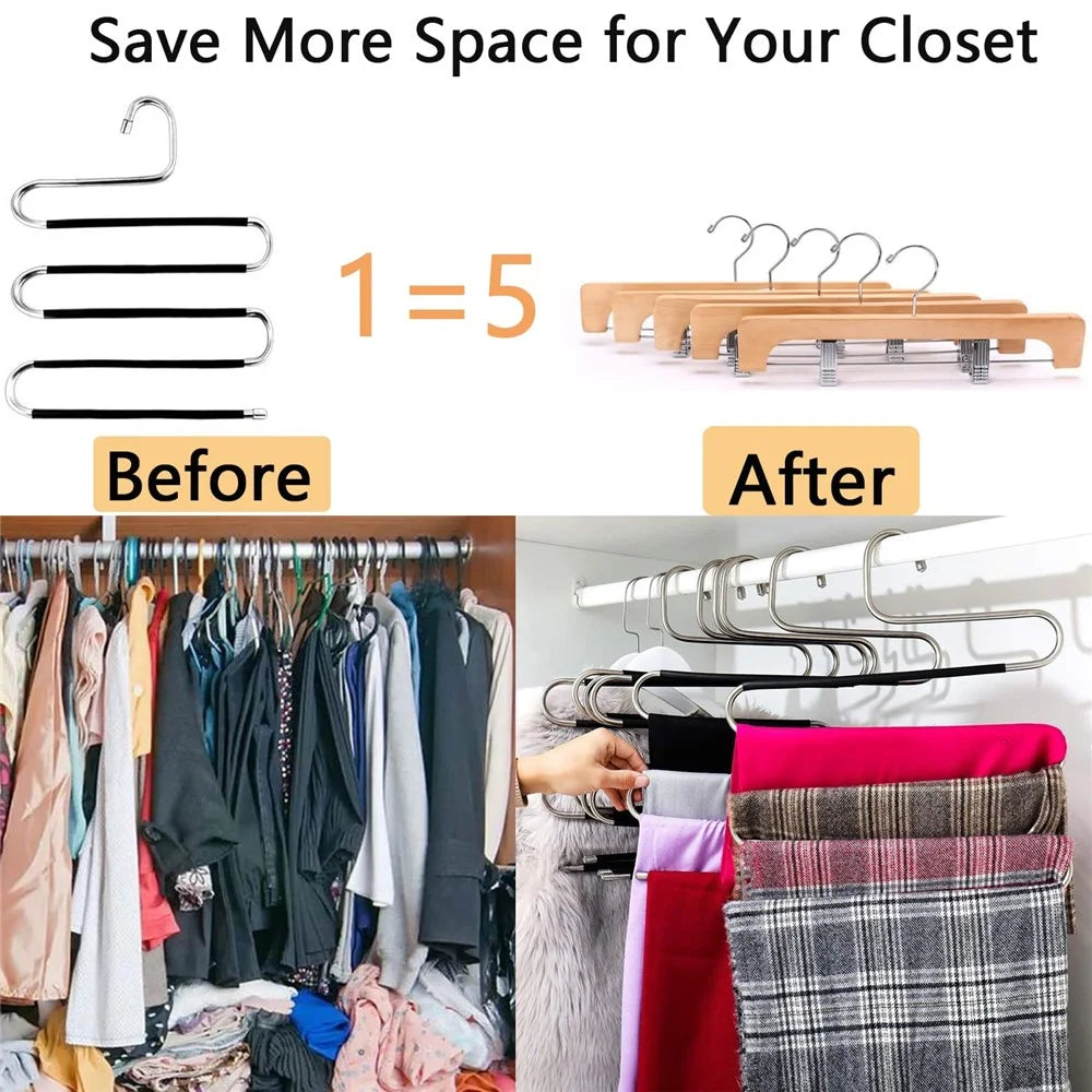 5 Layer S Shaped Pants Hanger Stainless Steel Non-Slip Multifunction Trousers Ties Wardrobe Organizer - 2