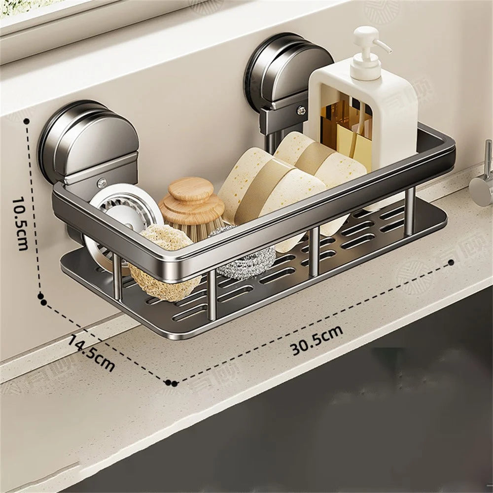 Kitchen Sink Organizer Suction Cup Space Aluminum Dish Sponge Holder Wall Mounted Draining Rack - 3