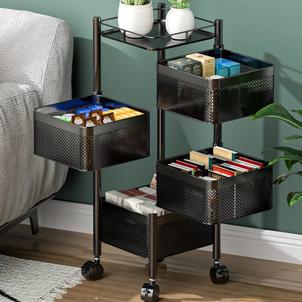 4-Tier Rotating Basket Home Storage Cart Carbon Steel Kitchen Fruits Vegetables Snacks Organizer - Black - 6