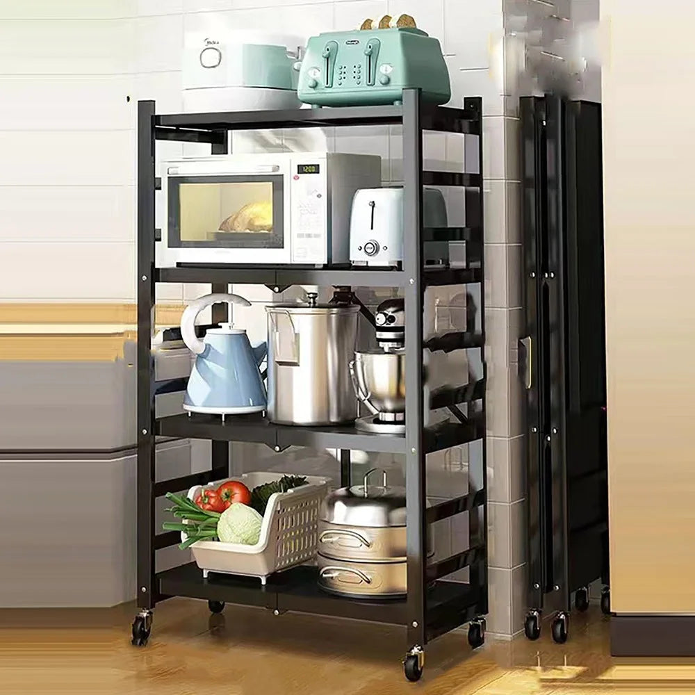 4 Tiers Foldable Kitchen Storage Rack Heavy Duty Carbon Steel Shelf for Microwave Oven with Wheels - Black - 1