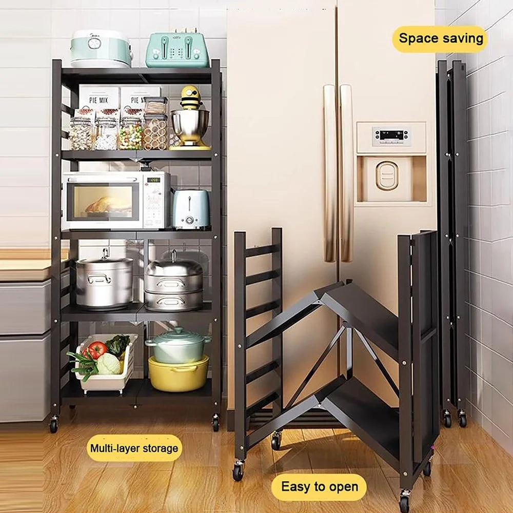 4 Tiers Foldable Kitchen Storage Rack Heavy Duty Carbon Steel Shelf for Microwave Oven with Wheels - Black - 3
