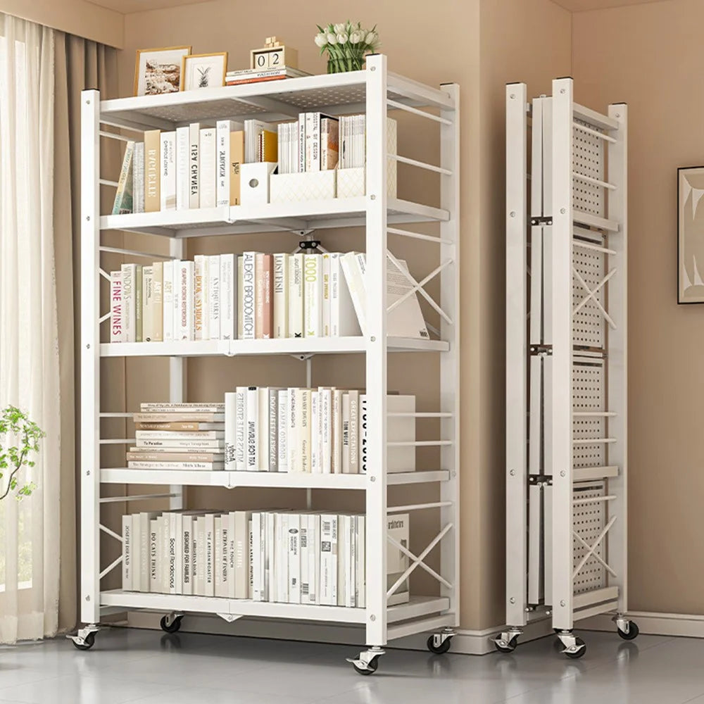 5 Tiers Foldable Carbon Steel Storage Rack for Kitchen Living Room Multipurpose Organizer Shelf with Wheels - Black - 4