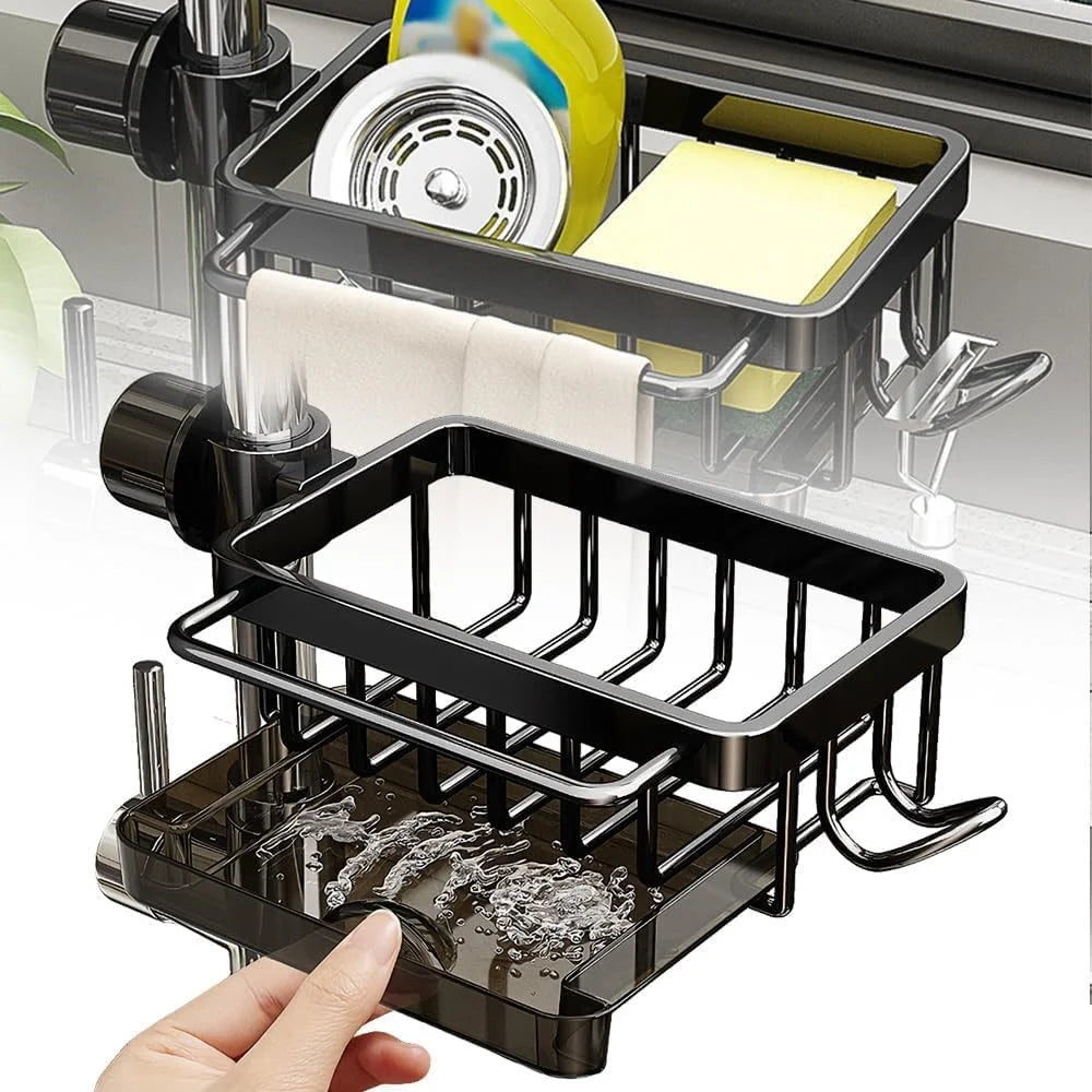 Space Aluminum Faucet Organizer For Kitchen Bathroom Storage Rack with Draining Tray Hanging Basket - Black / Right - 2