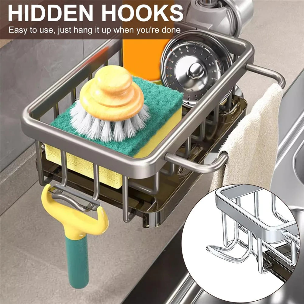 Space Aluminum Faucet Organizer For Kitchen Bathroom Storage Rack with Draining Tray Hanging Basket - Black / Right - 3