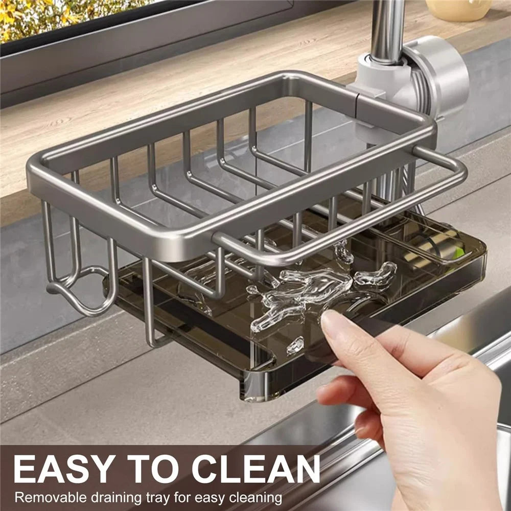 Space Aluminum Faucet Organizer For Kitchen Bathroom Storage Rack with Draining Tray Hanging Basket - Black / Right - 4