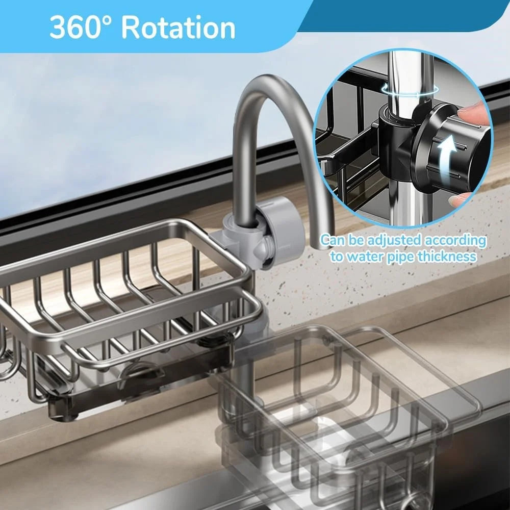 Space Aluminum Faucet Organizer For Kitchen Bathroom Storage Rack with Draining Tray Hanging Basket - Black / Right - 5