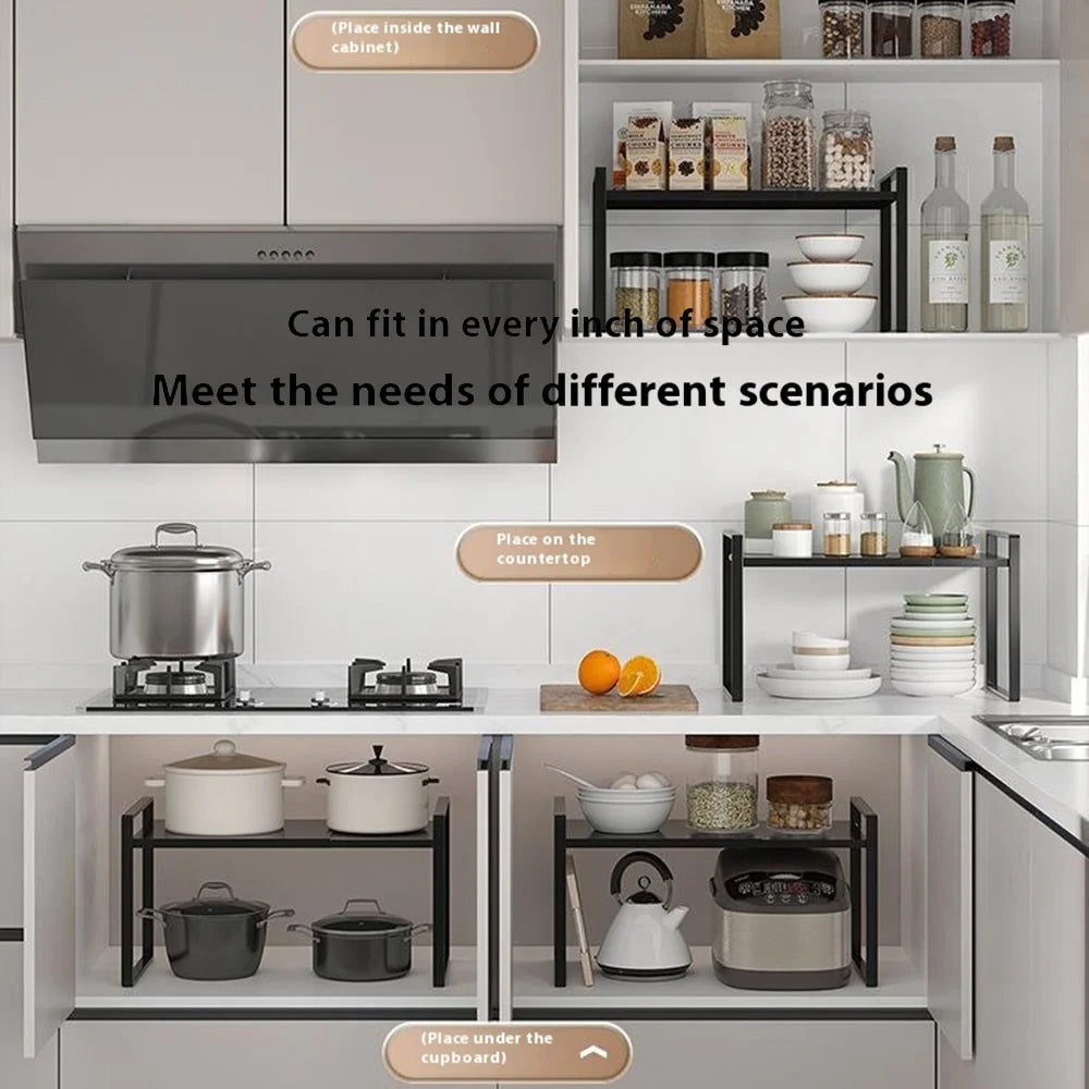 Kitchen Cabinet Organizer 25cm Height Shelf Rack Cookware Dish Storage Stand Spice Holder - Black - 2
