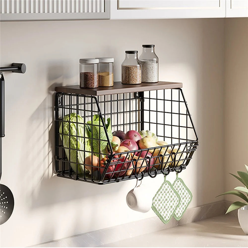 Wall Mounted Kitchen Storage Rack Large Size Thickened Iron Wood Organizer Foldable Vegetable Fruit Basket - 2