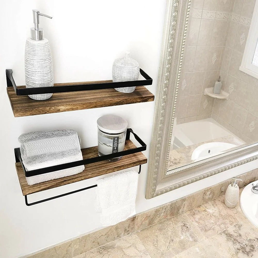 2Pcs / Set Iron + Wood Wall Mounted Shelf Bathroom Kitchen Storage Rack with Towel Bar - Black - 2