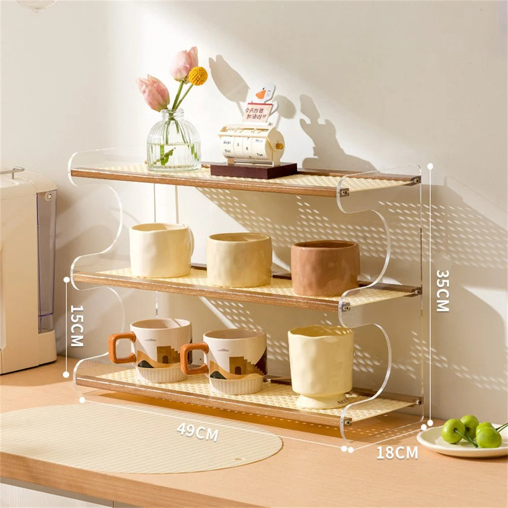 Bamboo Wood Acrylic 3 Tier Cup Holder Stand For Desk Table Coffee Mug Organizer 49cm Storage Rack - Brown - 2