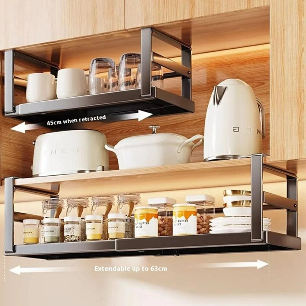 Expandable Under Cabinet Organizer Rack 27-45cm Adjustable Length Multi-Functional Storage Shelf - Black - 2