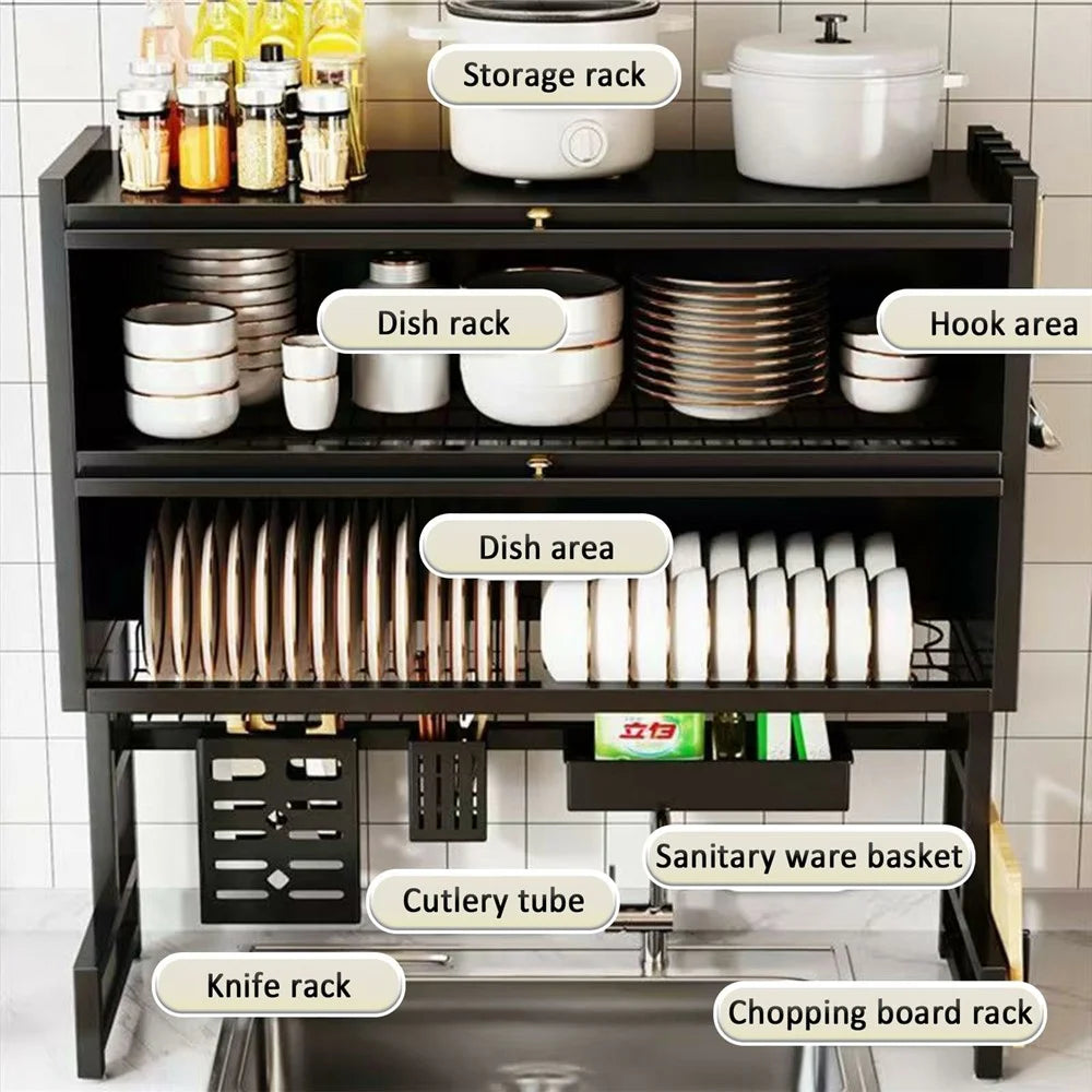 105CM Double Layer Over Sink Dish Drying Rack with Doors Kitchen Organizer Drainer Shelf - Black - 4