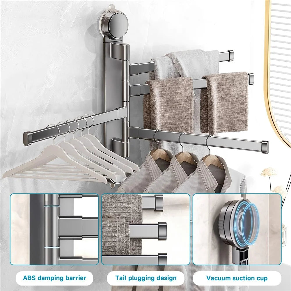 Suction Cup Rotatable Towel Rack 4 Bars 32cm No Drilling Bathroom Hanger - Tarnish - 3