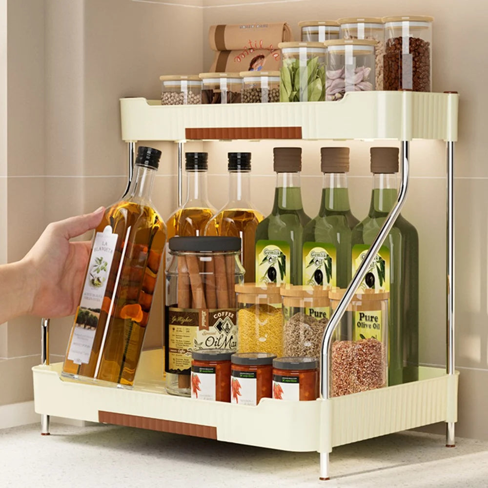 2-Layer Kitchen Countertop Organizer Rack Spice Bottle Storage Shelf for Home - Beige - 2