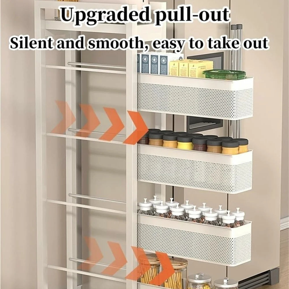 5-Tier Kitchen Gap Storage Rack Pull-Out Baskets with 360° Lockable Wheels for Refrigerator Side Bathroom - White - 4