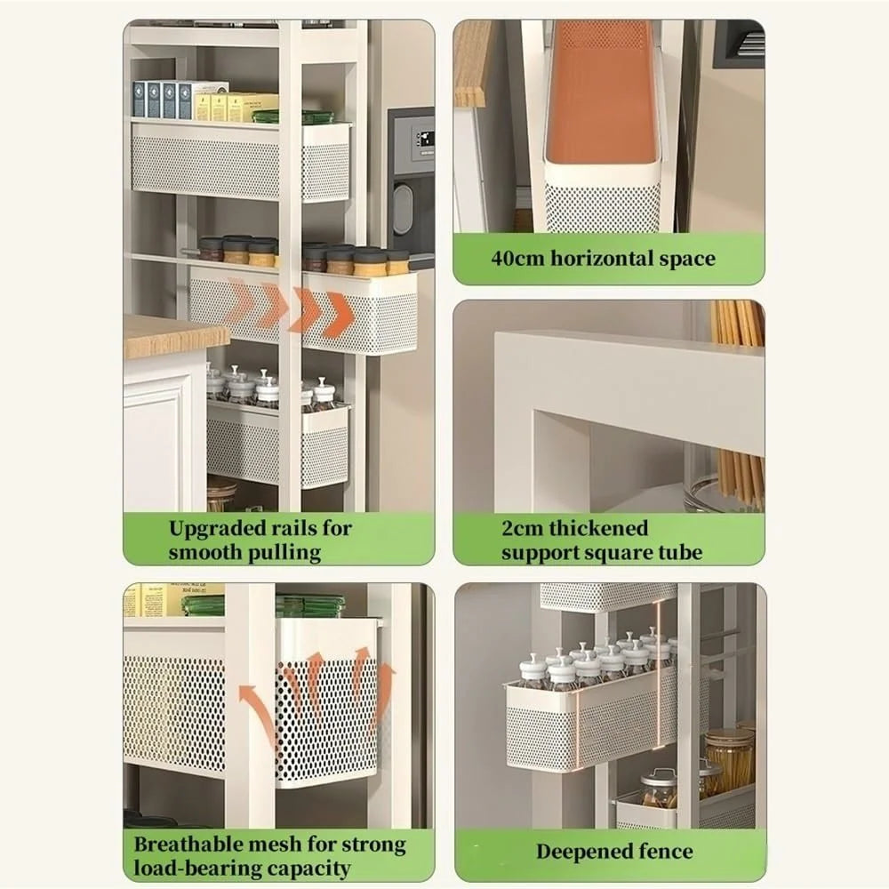 5-Tier Kitchen Gap Storage Rack Pull-Out Baskets with 360° Lockable Wheels for Refrigerator Side Bathroom - White - 7
