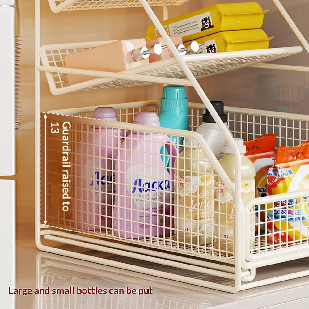 Large Size Under Sink Storage Rack 3-Tier Iron Pull Out Cabinet Drawer Basket for Bathroom Kitchen - White - 4