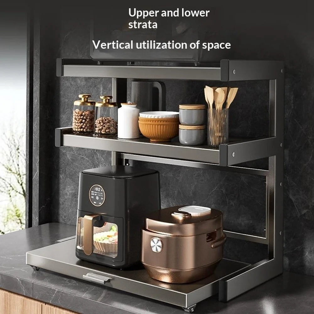 60x32x44cm 3-Tier Kitchen Microwave Oven Rack Stand with Pull-Out Drawer Carbon Steel Countertop Storage Shelf - 4