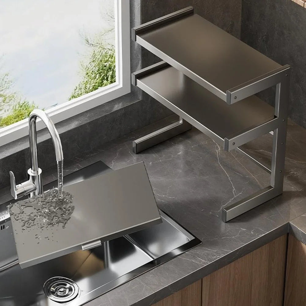 60x32x44cm 3-Tier Kitchen Microwave Oven Rack Stand with Pull-Out Drawer Carbon Steel Countertop Storage Shelf - 7