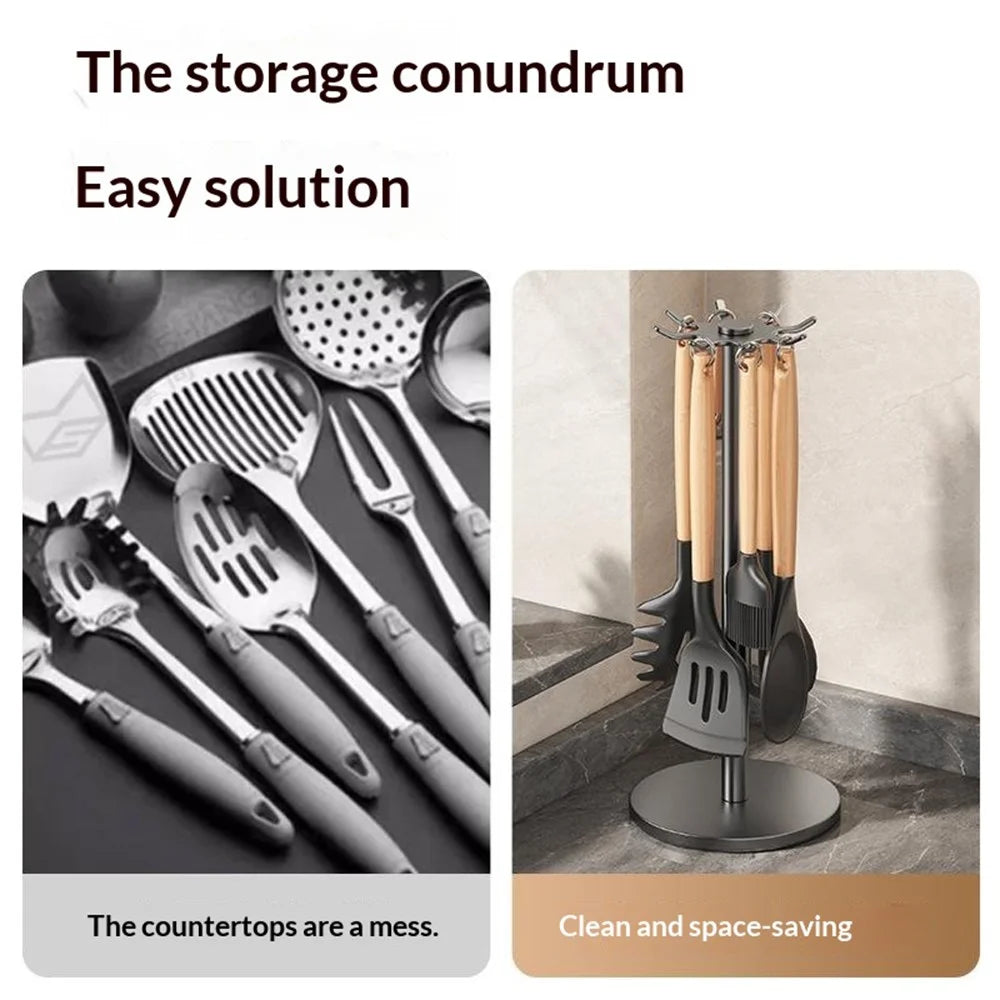 360 Degree Rotating Kitchen Utensil Holder Rack 8-Hook Carbon Steel Organizer Stand for Countertop Storage - Grey Black - 4