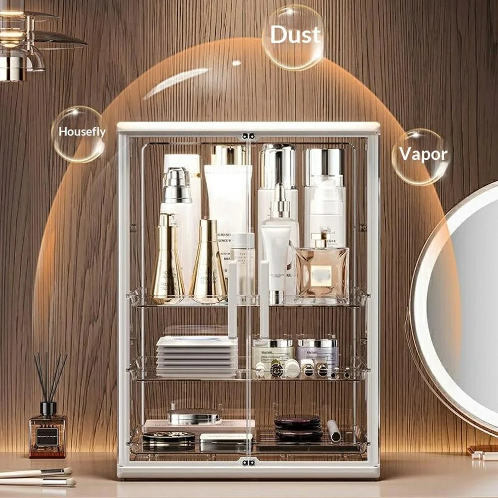 Clear Acrylic Makeup Organizer 3-Tier Dual-Door Dustproof Vanity Storage Box for Skincare Cosmetics - Transparent - 4